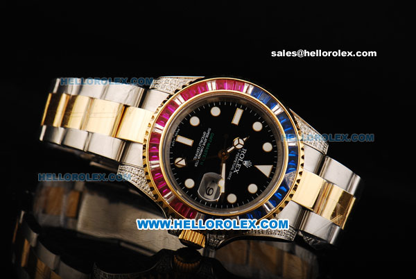 Rolex GMT Master II Swiss ETA 2836 Automatic Movement Black Dial with Colorful Diamond Bezel and Two Tone Strap - Click Image to Close